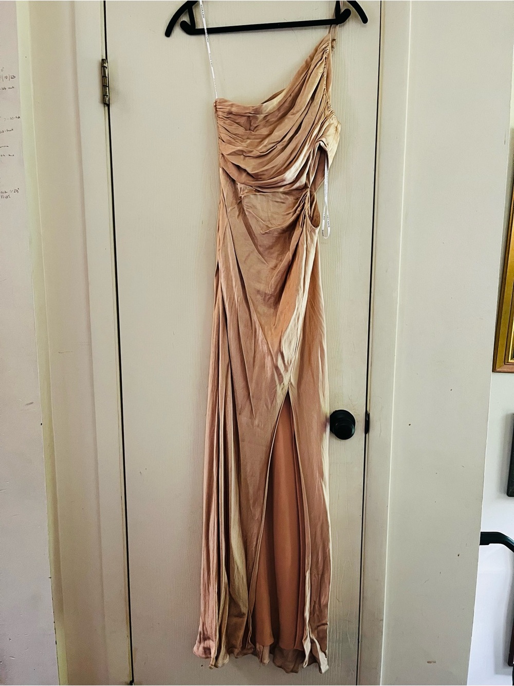 Shona Joy La Lune Asymmetrical Gathered Satin Maxi Dress Almond US 4